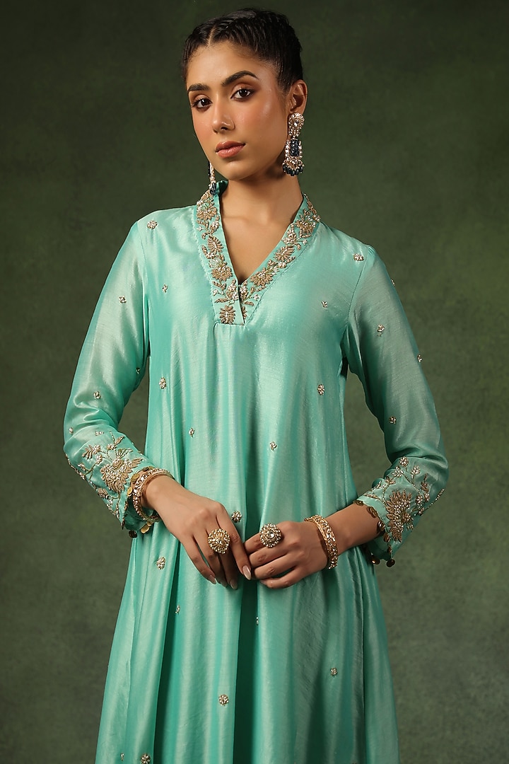 Light Blue Chanderi Silk Zardosi Embroidered Kurta Set by Niti Bothra at Pernia's Pop Up Shop