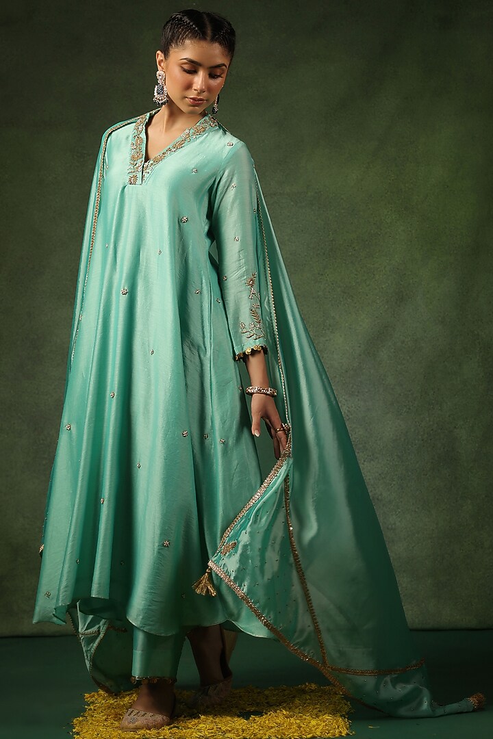 Light Blue Chanderi Silk Zardosi Embroidered Kurta Set by Niti Bothra at Pernia's Pop Up Shop