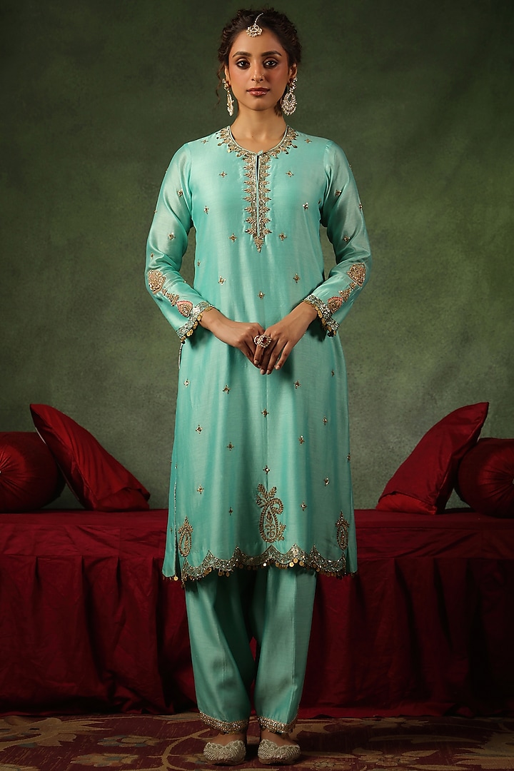 Light Blue Chanderi Silk Zardosi Embroidered Kurta Set by Niti Bothra at Pernia's Pop Up Shop