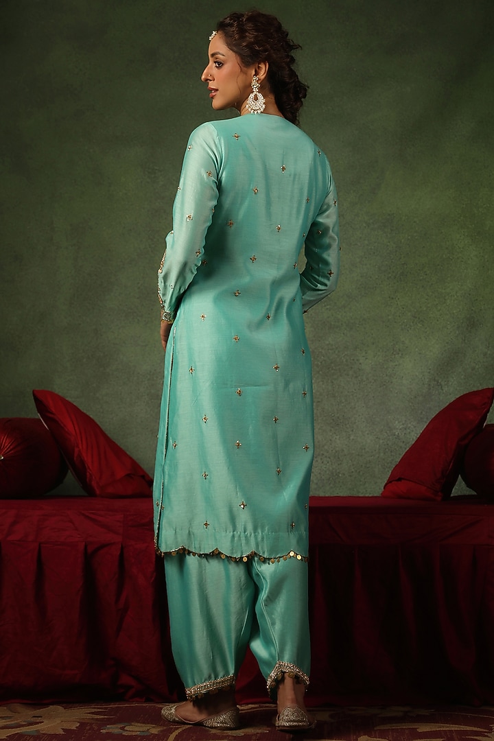 Light Blue Chanderi Silk Zardosi Embroidered Kurta Set by Niti Bothra at Pernia's Pop Up Shop