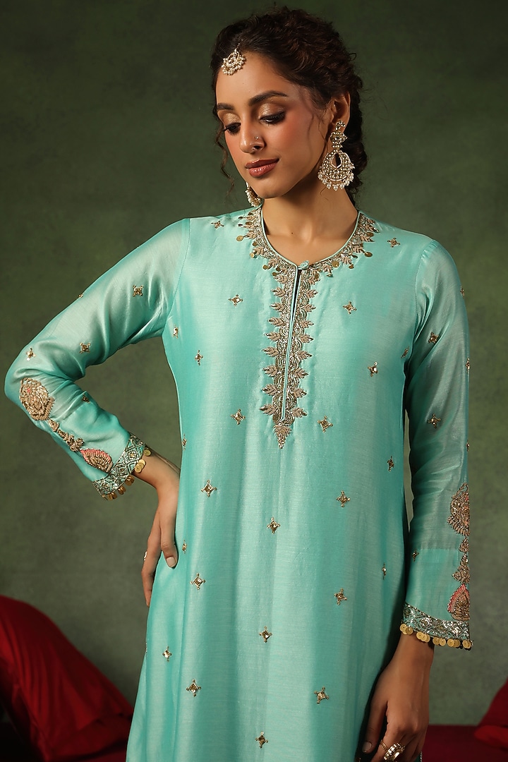 Light Blue Chanderi Silk Zardosi Embroidered Kurta Set by Niti Bothra at Pernia's Pop Up Shop