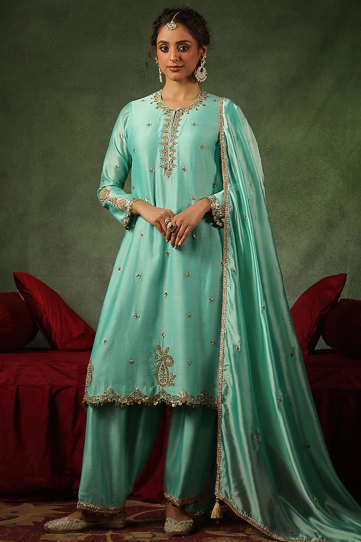 Light Blue Chanderi Silk Zardosi Embroidered Kurta Set by Niti Bothra at Pernia's Pop Up Shop