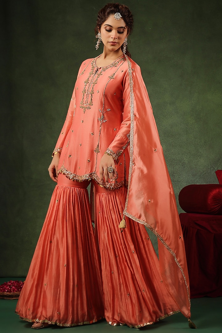 Peach Chanderi Silk Sharara Set by Niti Bothra at Pernia's Pop Up Shop