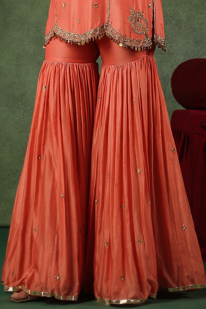 Peach Chanderi Silk Wedding Sharara Set by Niti Bothra at Pernia's Pop Up Shop