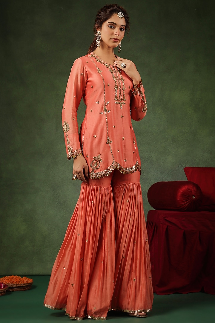 Peach Chanderi Silk Wedding Sharara Set by Niti Bothra at Pernia's Pop Up Shop