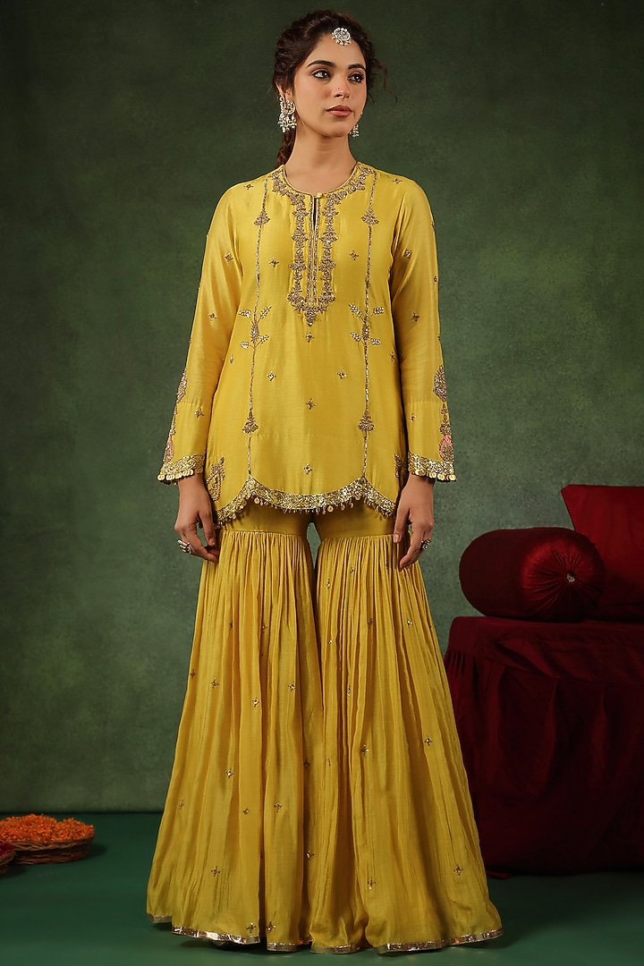 Yellow Chanderi Silk Wedding Sharara Set by Niti Bothra at Pernia's Pop Up Shop