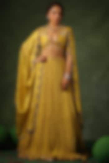 Yellow Chanderi Silk & Habutai Silk Crushed Wedding Lehenga Set by Niti Bothra at Pernia's Pop Up Shop