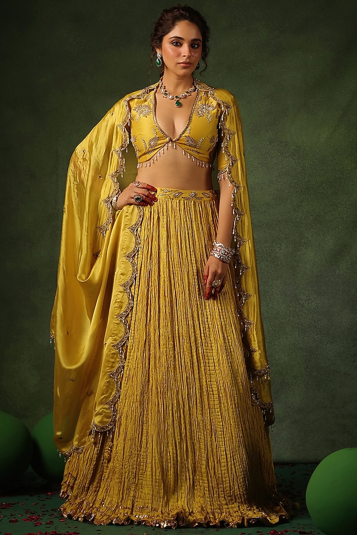 Yellow Chanderi Silk & Habutai Silk Crushed Wedding Lehenga Set by Niti Bothra at Pernia's Pop Up Shop