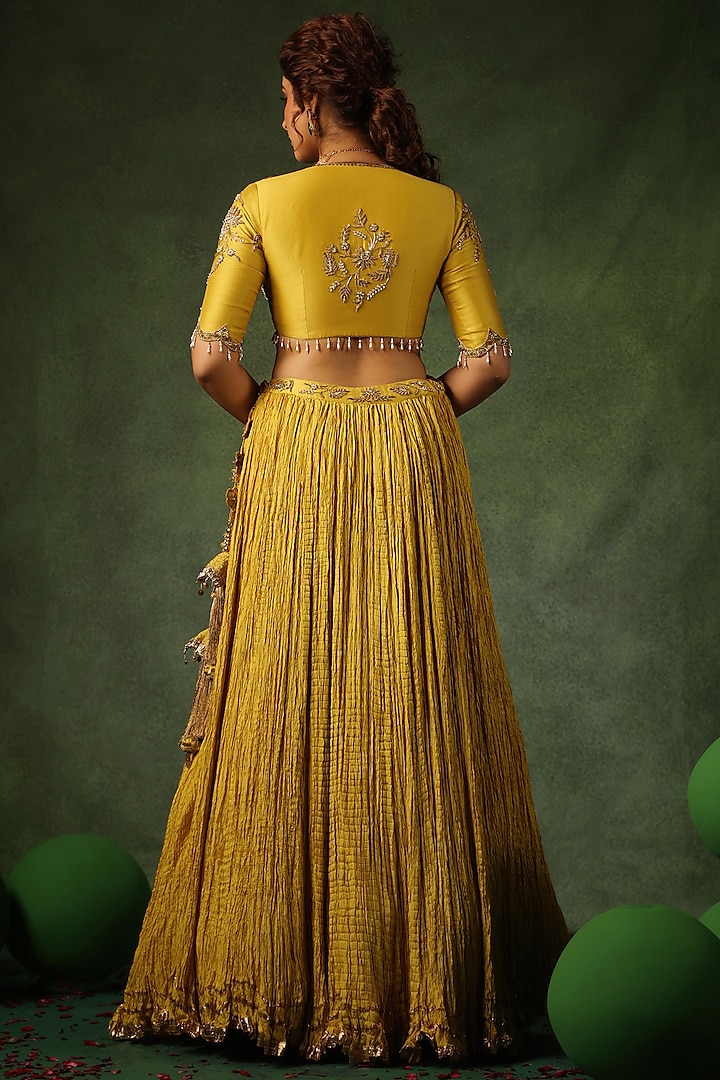 Yellow Chanderi Silk & Habutai Silk Crushed Wedding Lehenga Set by Niti Bothra at Pernia's Pop Up Shop