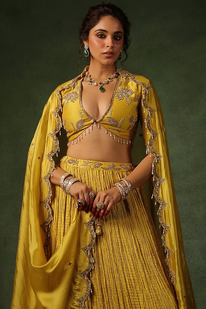 Yellow Chanderi Silk & Habutai Silk Crushed Wedding Lehenga Set by Niti Bothra at Pernia's Pop Up Shop