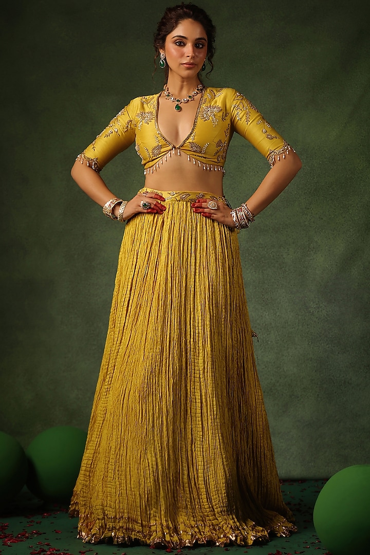 Yellow Chanderi Silk & Habutai Silk Crushed Wedding Lehenga Set by Niti Bothra at Pernia's Pop Up Shop