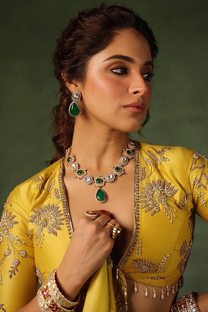 Yellow Chanderi Silk & Habutai Silk Crushed Wedding Lehenga Set by Niti Bothra at Pernia's Pop Up Shop