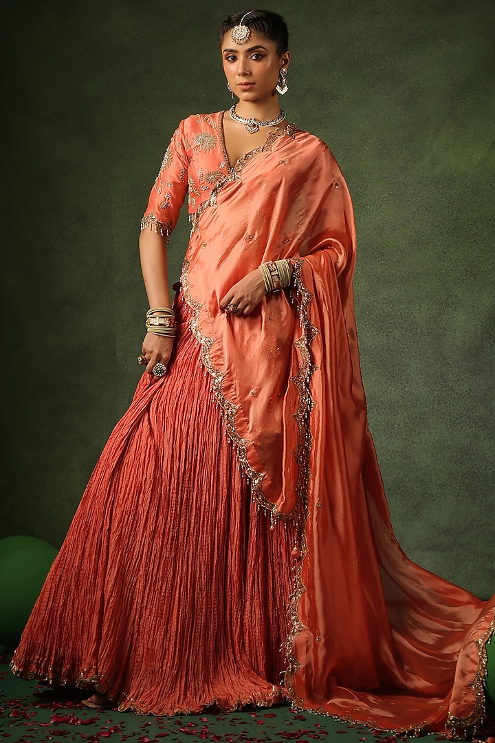 Peach Chanderi Silk & Habutai Silk Crushed Wedding Lehenga Set by Niti Bothra at Pernia's Pop Up Shop