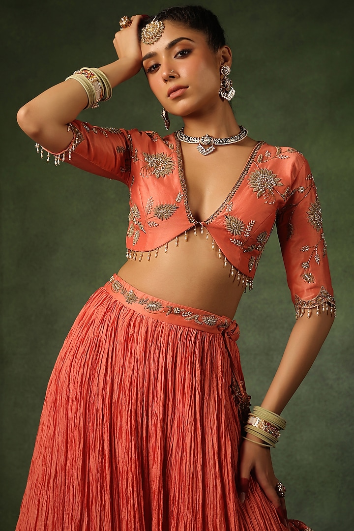 Peach Chanderi Silk & Habutai Silk Crushed Wedding Lehenga Set by Niti Bothra at Pernia's Pop Up Shop