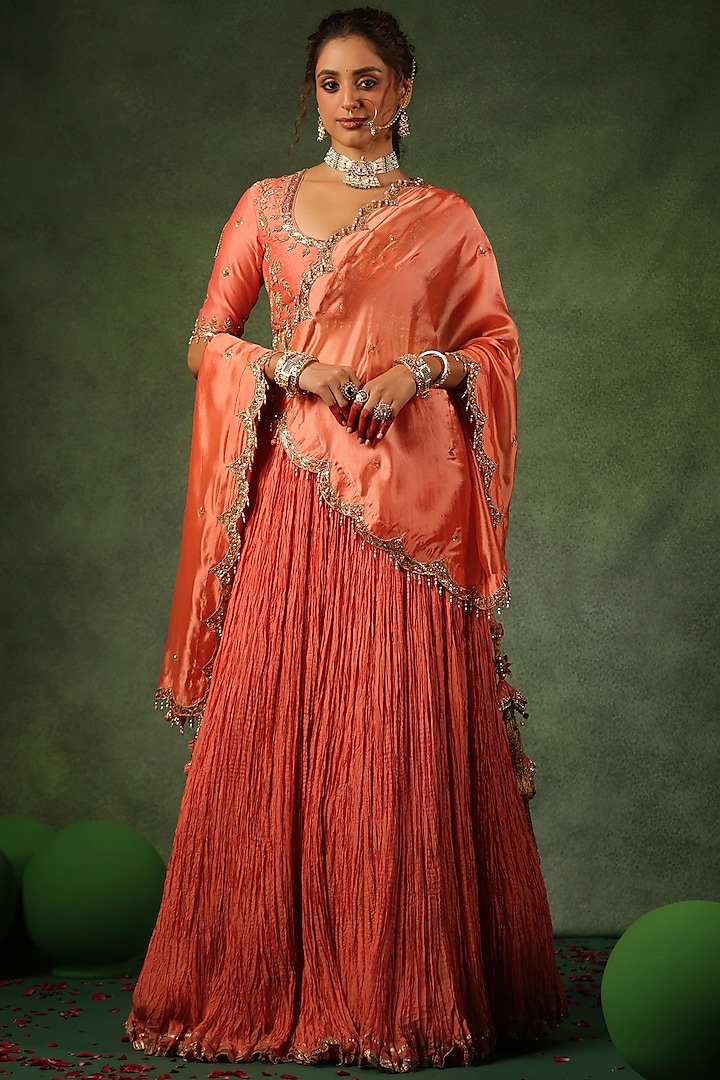 Peach Chanderi Silk & Habutai Silk Crushed Wedding Lehenga Set by Niti Bothra at Pernia's Pop Up Shop