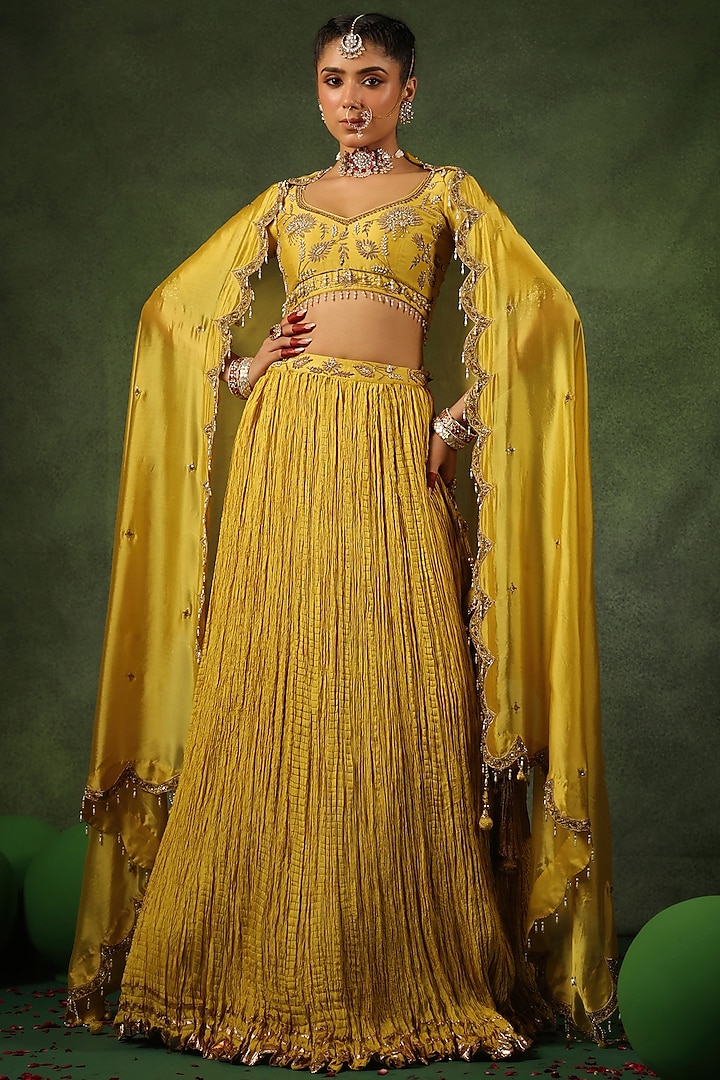 Yellow Chanderi Silk & Habutai Silk Crushed Wedding Lehenga Set by Niti Bothra at Pernia's Pop Up Shop