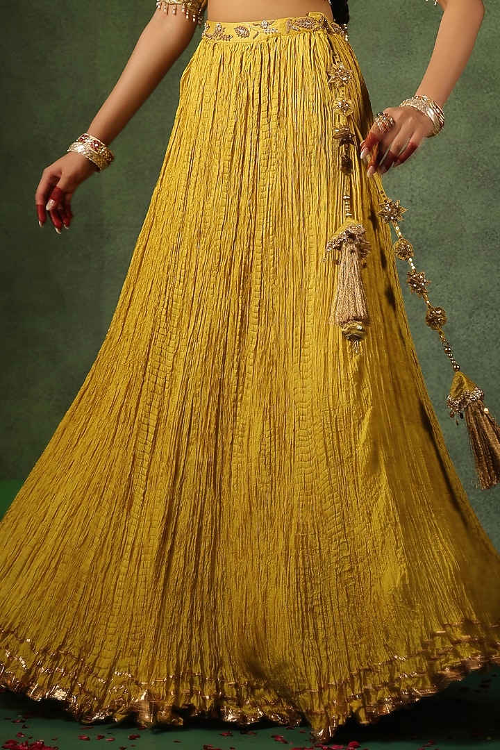 Yellow Chanderi Silk & Habutai Silk Crushed Wedding Lehenga Set by Niti Bothra at Pernia's Pop Up Shop
