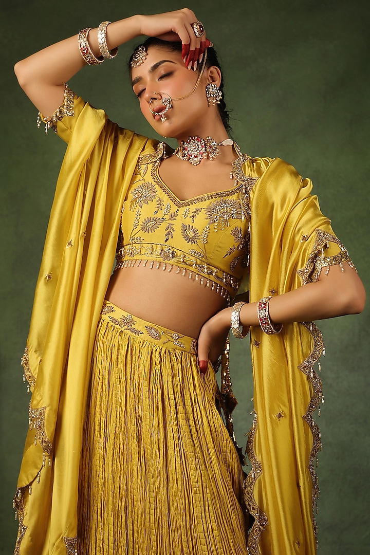 Yellow Chanderi Silk & Habutai Silk Crushed Wedding Lehenga Set by Niti Bothra at Pernia's Pop Up Shop