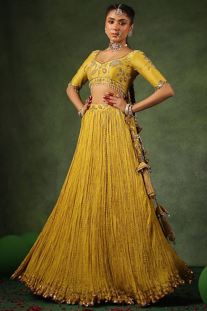 Yellow Chanderi Silk & Habutai Silk Crushed Wedding Lehenga Set by Niti Bothra at Pernia's Pop Up Shop