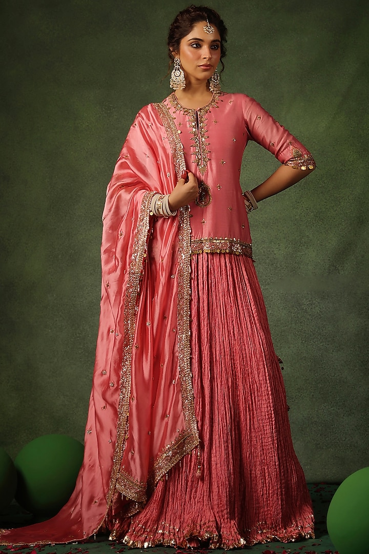 Peach Chanderi Silk & Habutai Silk Crushed Wedding Lehenga Set by Niti Bothra at Pernia's Pop Up Shop