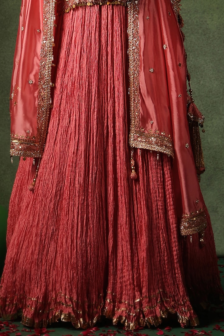 Peach Chanderi Silk & Habutai Silk Crushed Wedding Lehenga Set by Niti Bothra at Pernia's Pop Up Shop