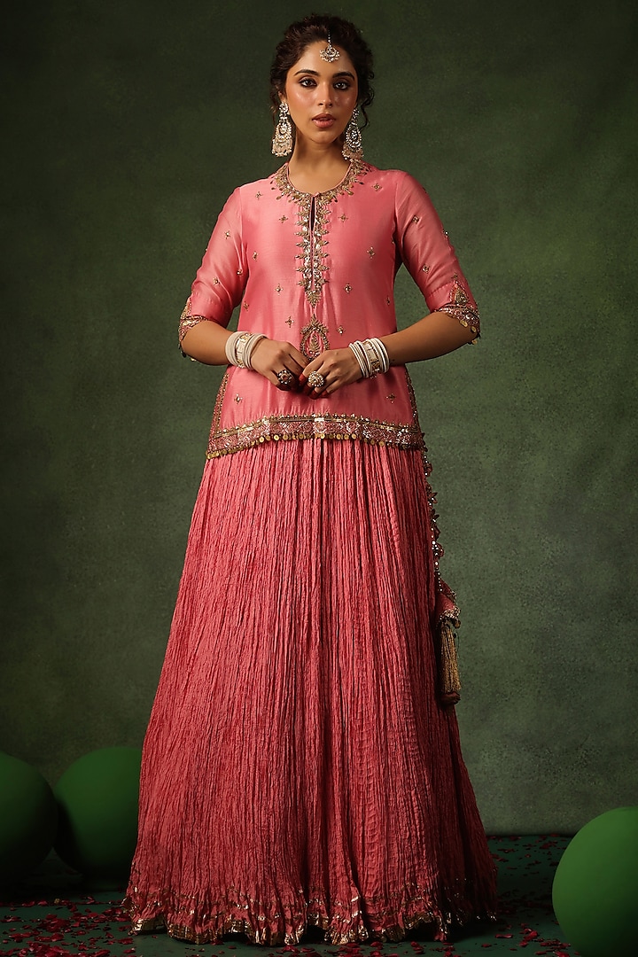 Peach Chanderi Silk & Habutai Silk Crushed Wedding Lehenga Set by Niti Bothra at Pernia's Pop Up Shop