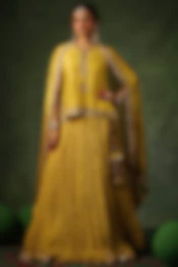 Yellow Chanderi Silk & Habutai Silk Crushed Wedding Lehenga Set by Niti Bothra at Pernia's Pop Up Shop