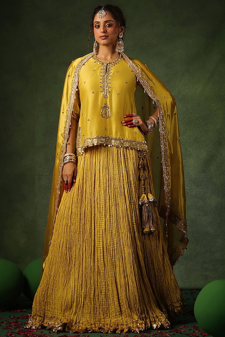 Yellow Chanderi Silk & Habutai Silk Crushed Wedding Lehenga Set by Niti Bothra at Pernia's Pop Up Shop