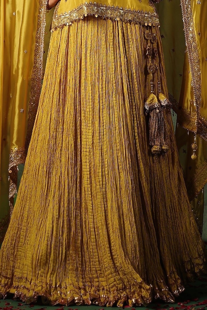 Yellow Chanderi Silk & Habutai Silk Crushed Wedding Lehenga Set by Niti Bothra at Pernia's Pop Up Shop