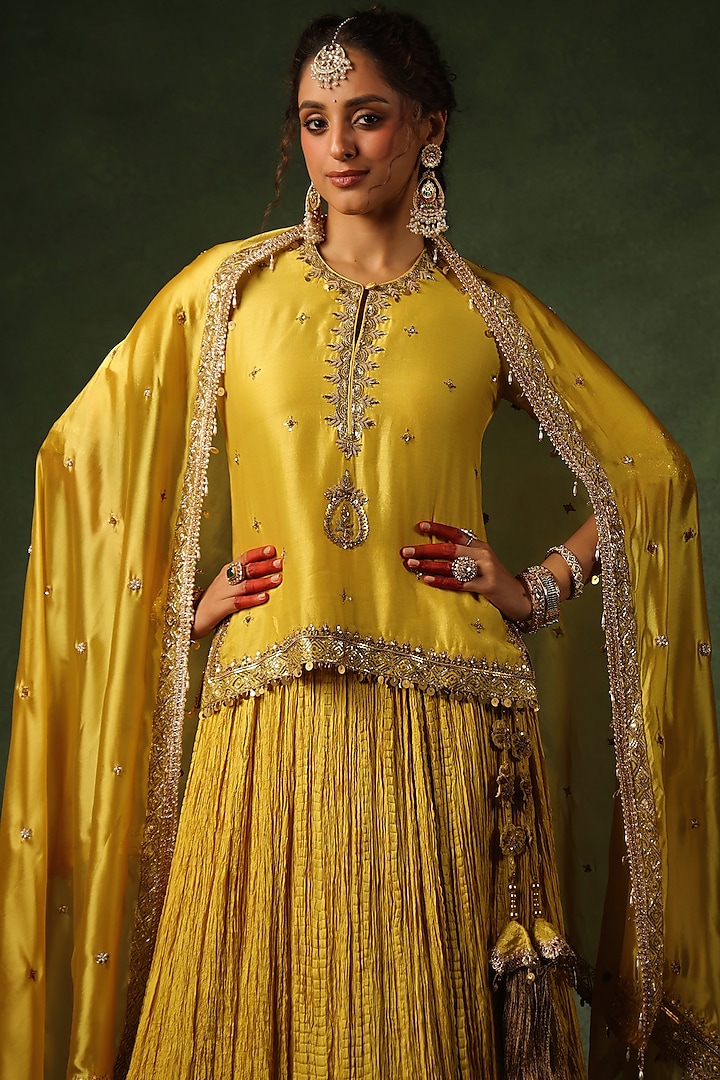 Yellow Chanderi Silk & Habutai Silk Crushed Wedding Lehenga Set by Niti Bothra at Pernia's Pop Up Shop