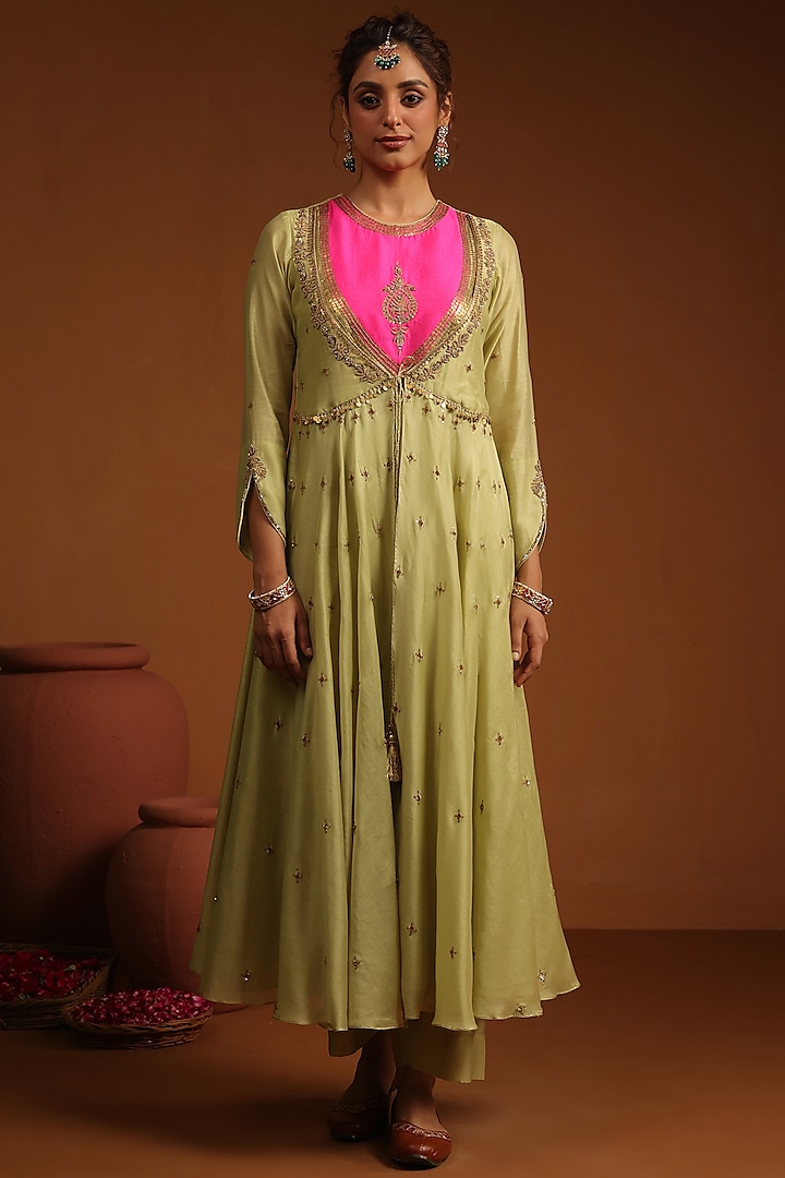 Light Green & Bright Pink Chanderi Silk Zardosi Embroidered Kalidar Kurta Set by Niti Bothra at Pernia's Pop Up Shop