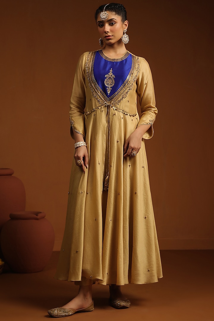 Ivory & Blue Chanderi Silk Zardosi Embroidered Kalidar Kurta Set by Niti Bothra