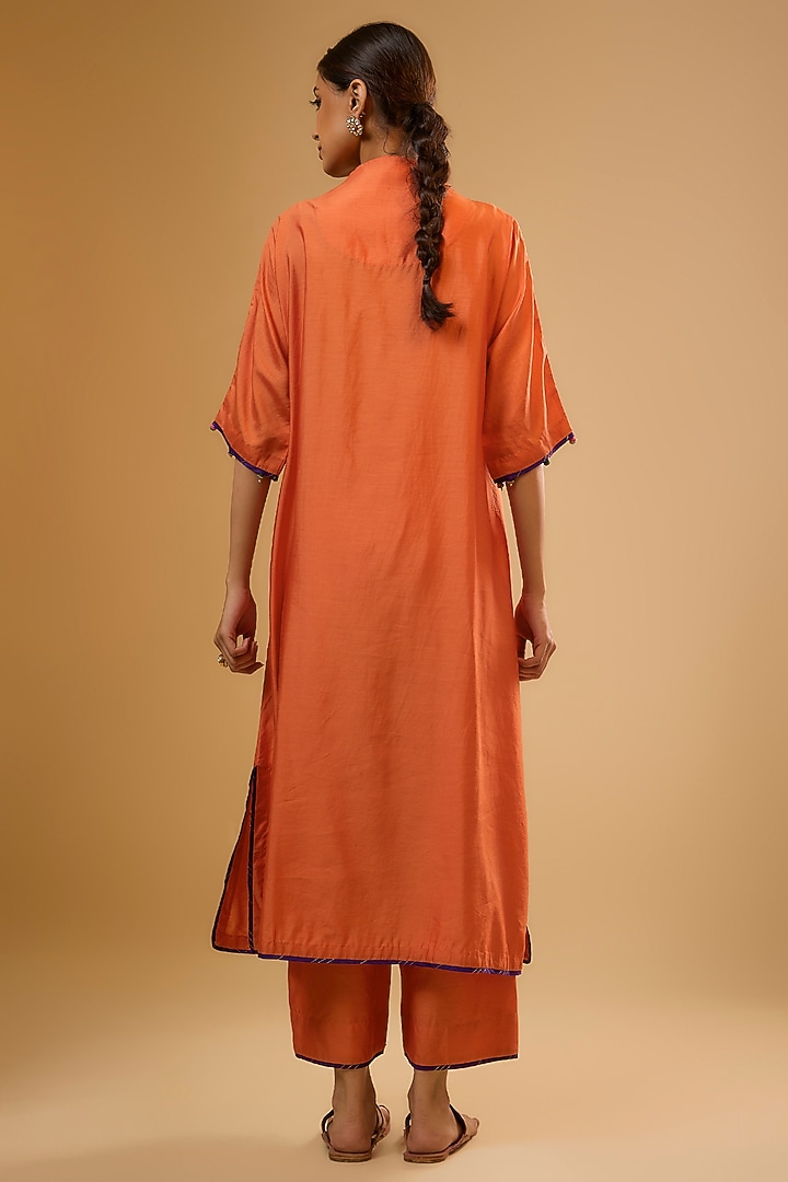 Orange Chiniya Silk Zardosi Embroidered Kurta Set by Niti Bothra at Pernia's Pop Up Shop