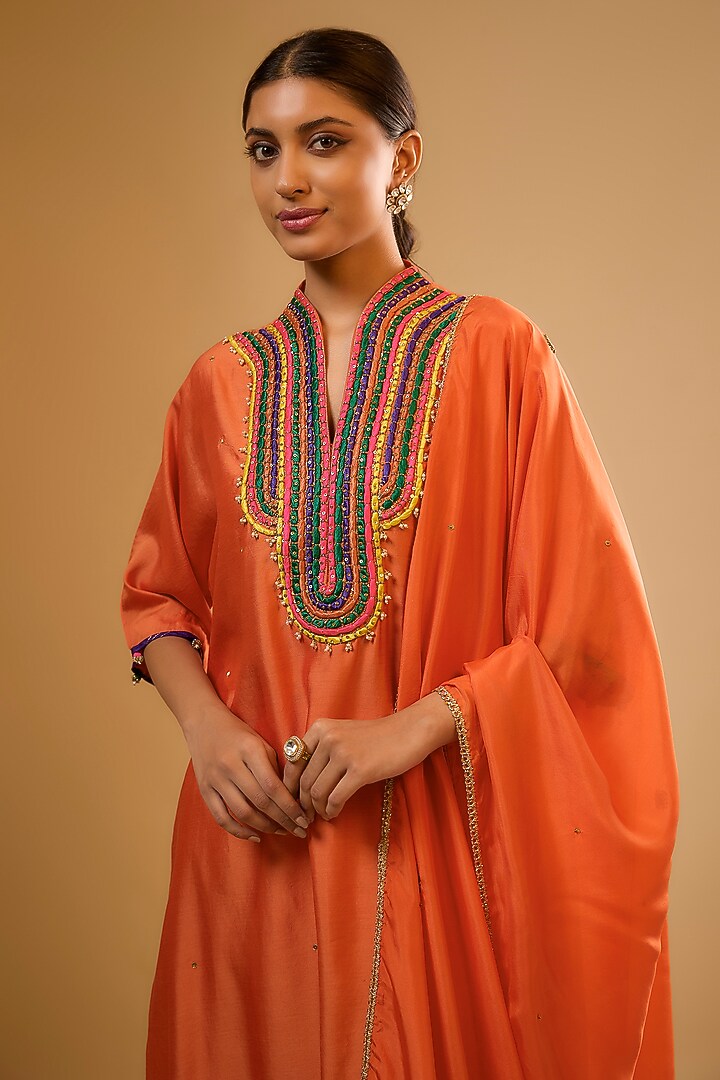 Orange Chiniya Silk Zardosi Embroidered Kurta Set by Niti Bothra at Pernia's Pop Up Shop
