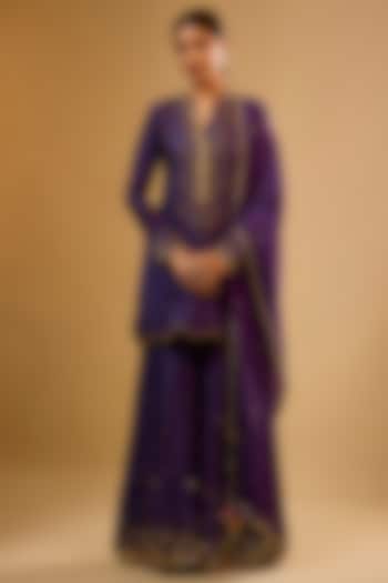 Purple Chiniya Silk Embroidered Wedding Sharara Set by Niti Bothra at Pernia's Pop Up Shop