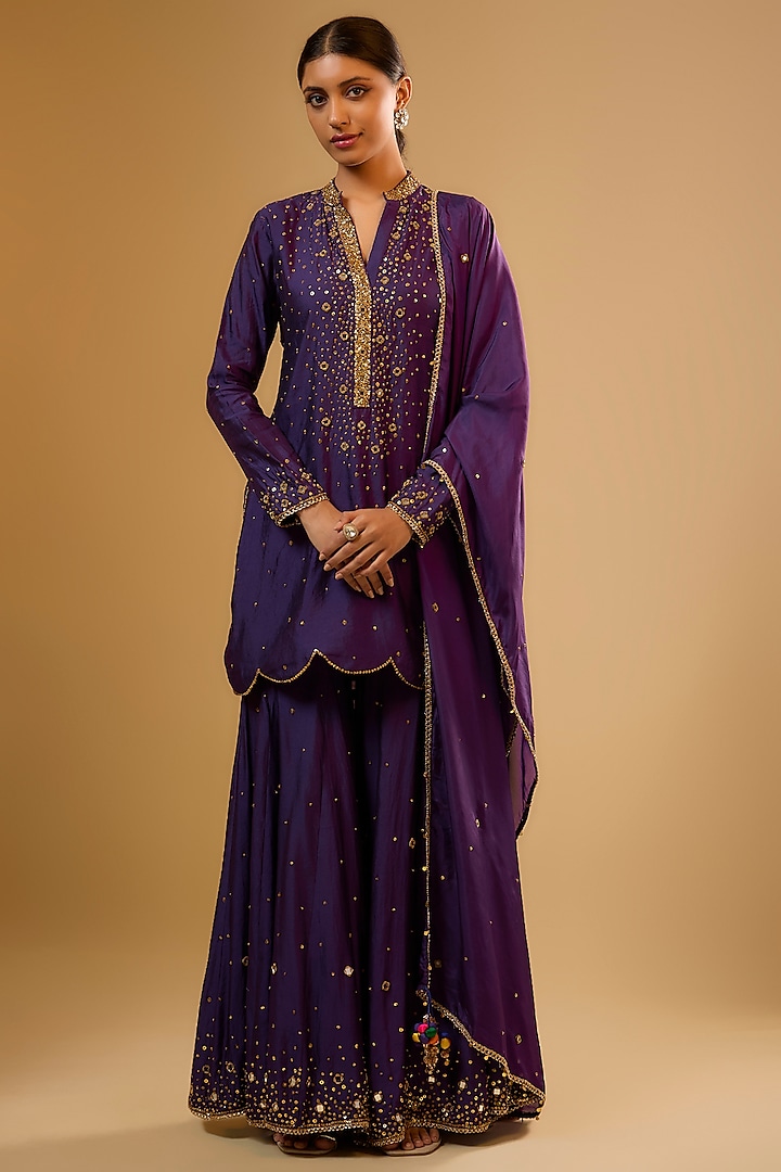 Purple Chiniya Silk Embroidered Wedding Sharara Set by Niti Bothra at Pernia's Pop Up Shop