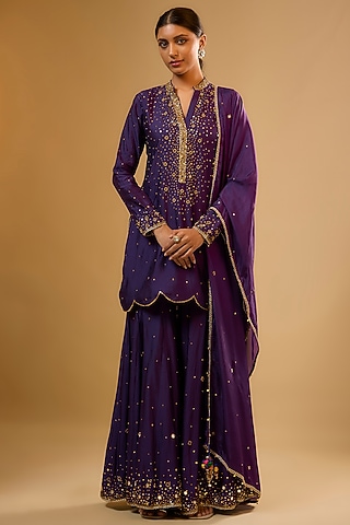 Purple Chiniya Silk Embroidered Sharara Set by Niti Bothra