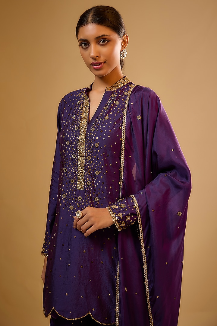 Purple Chiniya Silk Embroidered Wedding Sharara Set by Niti Bothra at Pernia's Pop Up Shop