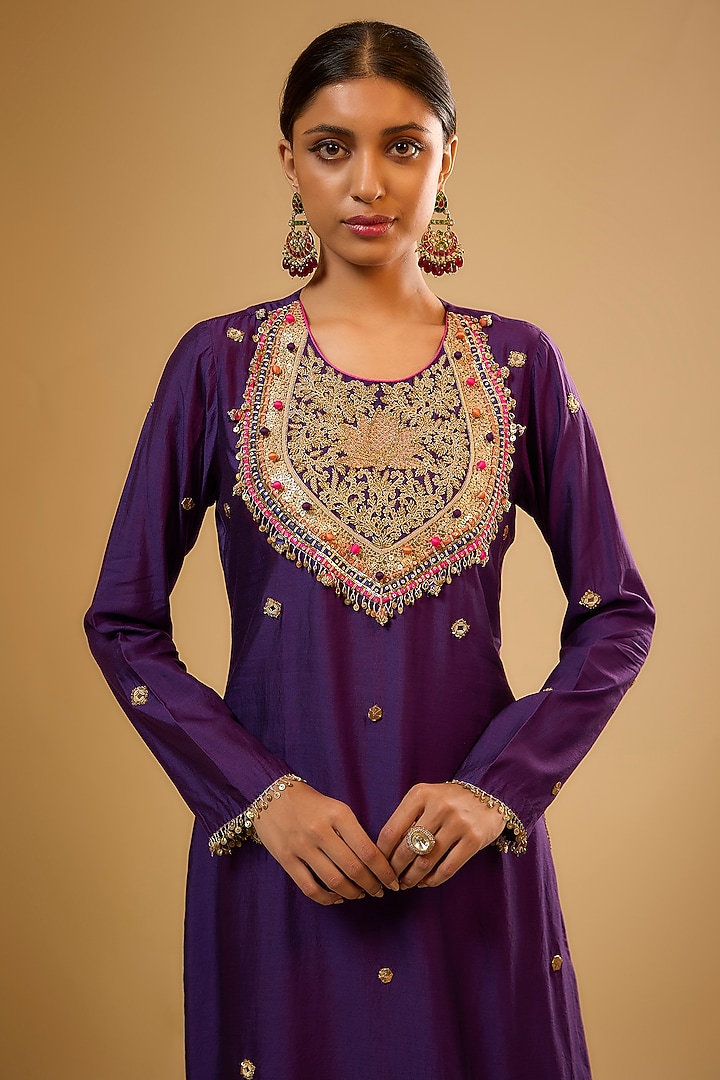 Purple Chiniya Silk Zardosi Embroidered Kurta Set by Niti Bothra at Pernia's Pop Up Shop