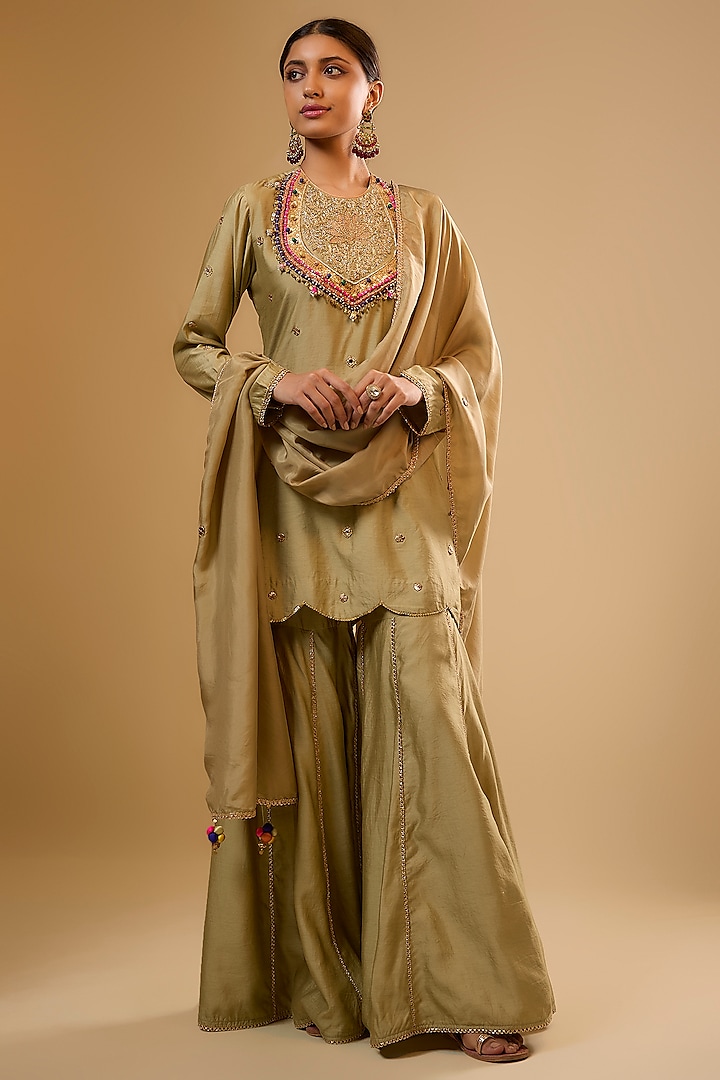 Light Green Chiniya Silk Embroidered Wedding Sharara Set by Niti Bothra at Pernia's Pop Up Shop