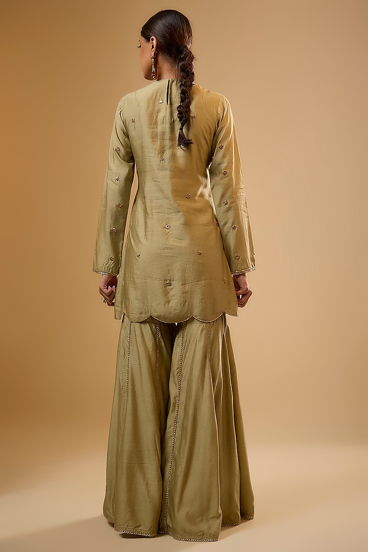 Light Green Chiniya Silk Embroidered Wedding Sharara Set by Niti Bothra at Pernia's Pop Up Shop