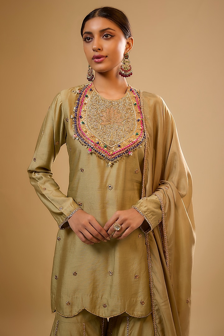 Light Green Chiniya Silk Embroidered Wedding Sharara Set by Niti Bothra at Pernia's Pop Up Shop
