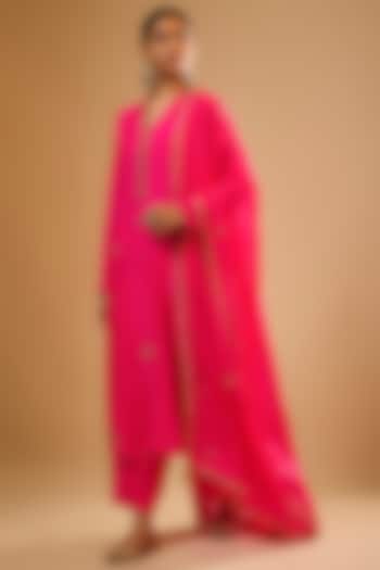 Hot Pink Chiniya Silk Zardosi Embroidered Kurta Set by Niti Bothra at Pernia's Pop Up Shop