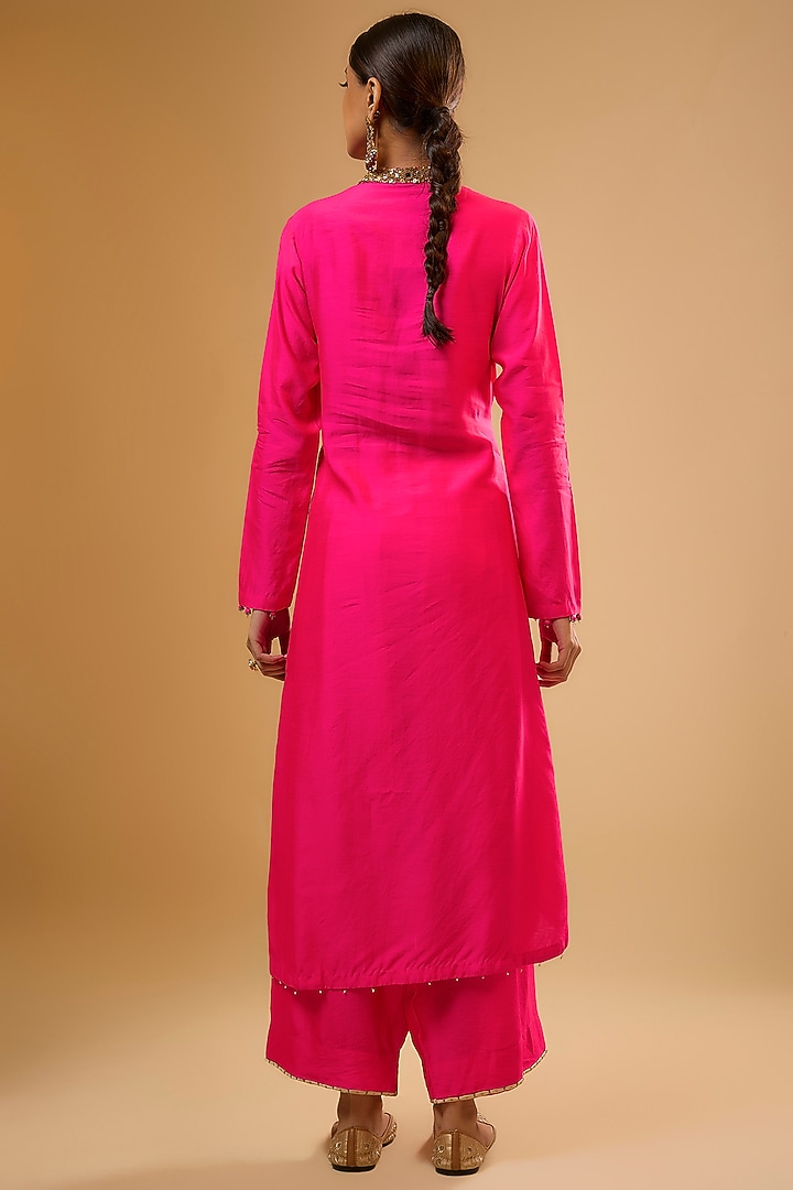 Hot Pink Chiniya Silk Zardosi Embroidered Kurta Set by Niti Bothra at Pernia's Pop Up Shop