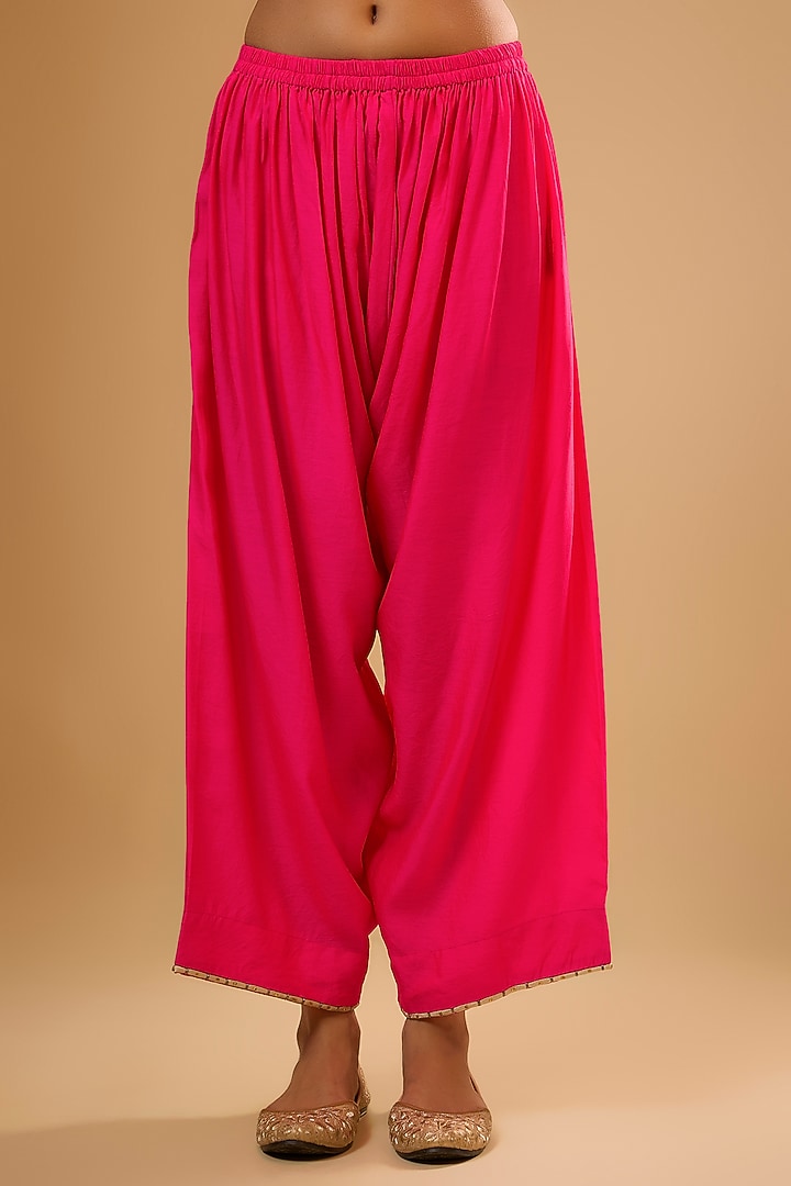 Hot Pink Chiniya Silk Zardosi Embroidered Kurta Set by Niti Bothra at Pernia's Pop Up Shop