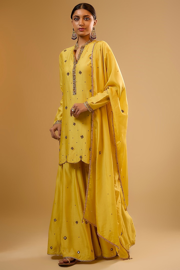 Yellow Chiniya Silk Embroidered Wedding Sharara Set by Niti Bothra at Pernia's Pop Up Shop