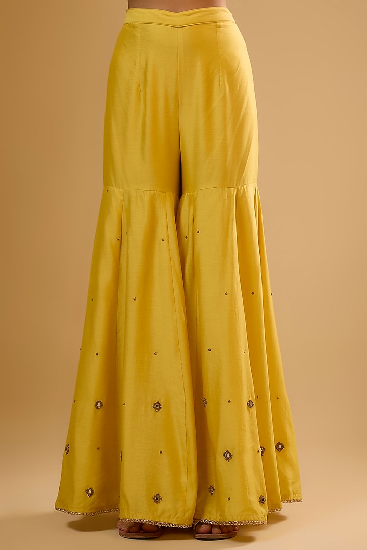 Yellow Chiniya Silk Embroidered Wedding Sharara Set by Niti Bothra at Pernia's Pop Up Shop