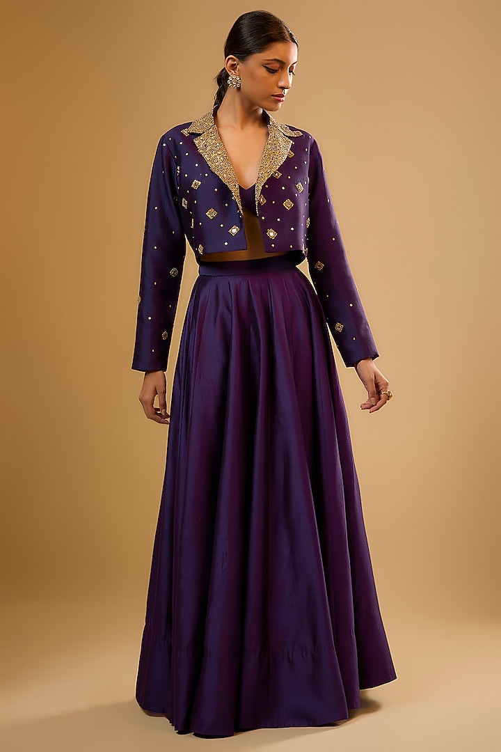 Purple Silk Zardosi Embroidered Jacket Wedding Lehenga Set by Niti Bothra at Pernia's Pop Up Shop