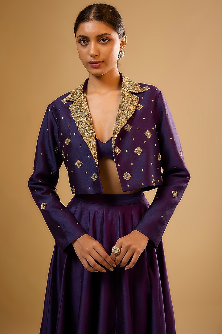 Purple Silk Zardosi Embroidered Jacket Wedding Lehenga Set by Niti Bothra at Pernia's Pop Up Shop