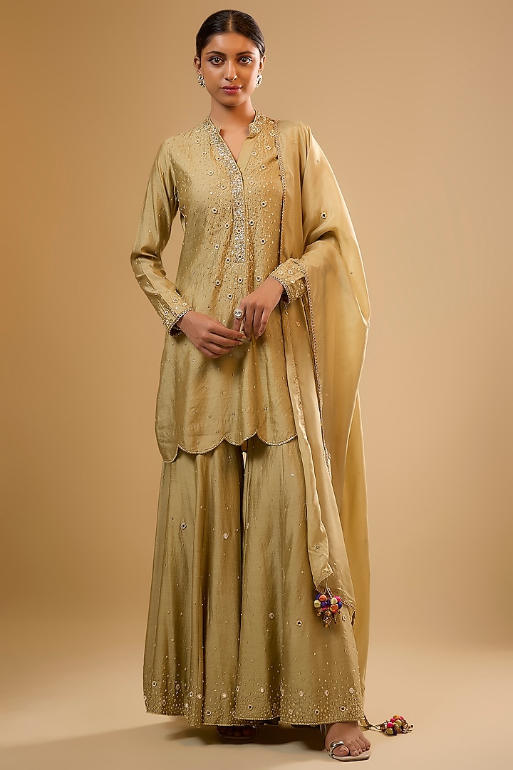 Light Green Chiniya Silk Embroidered Wedding Sharara Set by Niti Bothra at Pernia's Pop Up Shop
